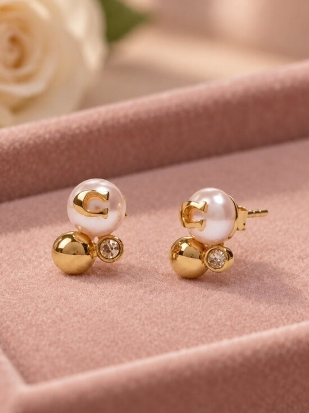 Coach Pearl Cluster Stud Earrings Gold Tone Crystal Accents Gift Box NWT